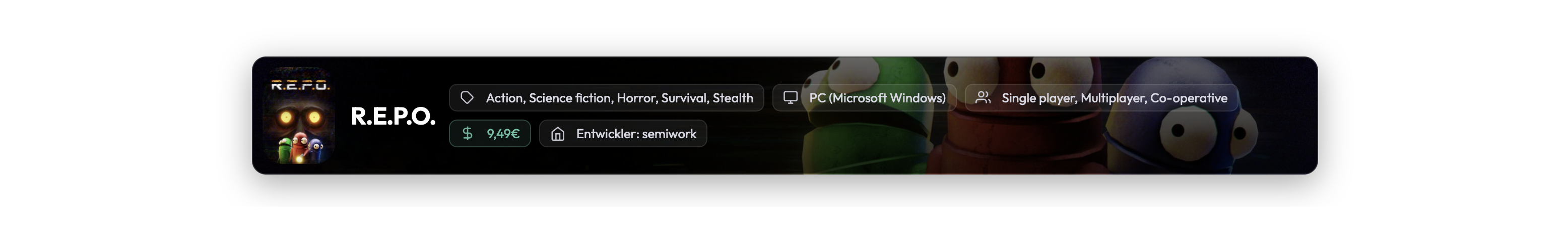 Game-Info Bauchbinde: Spielcover, Titel R.E.P.O., Genres, Plattform, Spielmodi, Preis, Entwickler
