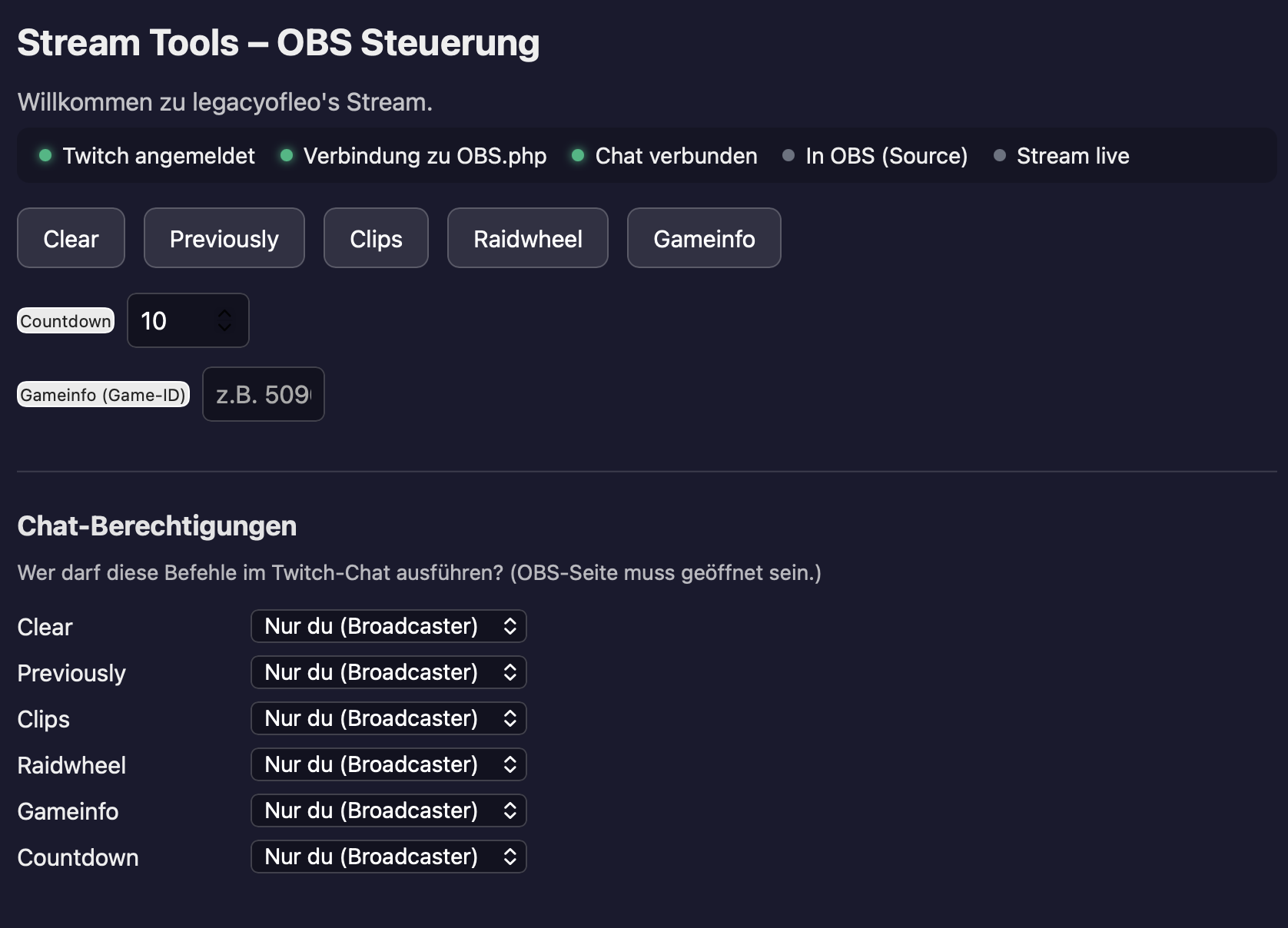 OBS Steuerung: Status, Buttons, Countdown, Gameinfo, Chat-Berechtigungen